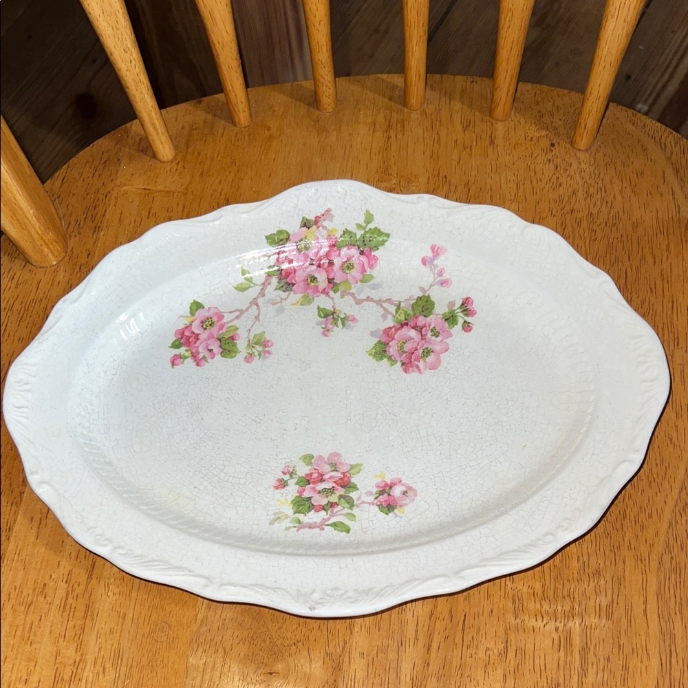 Vintage White Ceramic Serving Platter with Pink Floral Motif Farmhouse